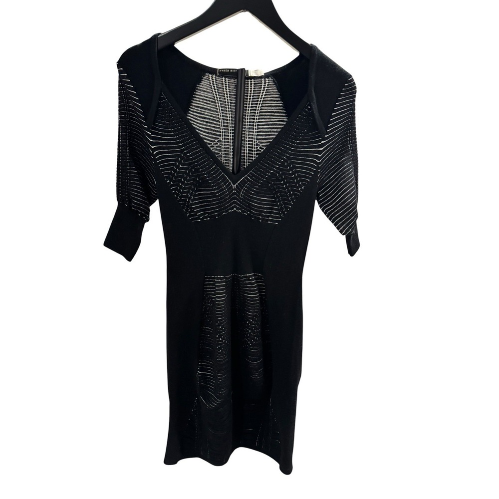 Karen Millen Black And White Wool Blend Bodycon Vneck Dress Size 1